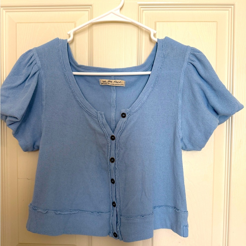 We The Free Blue Puff Sleeve Button-Up Top